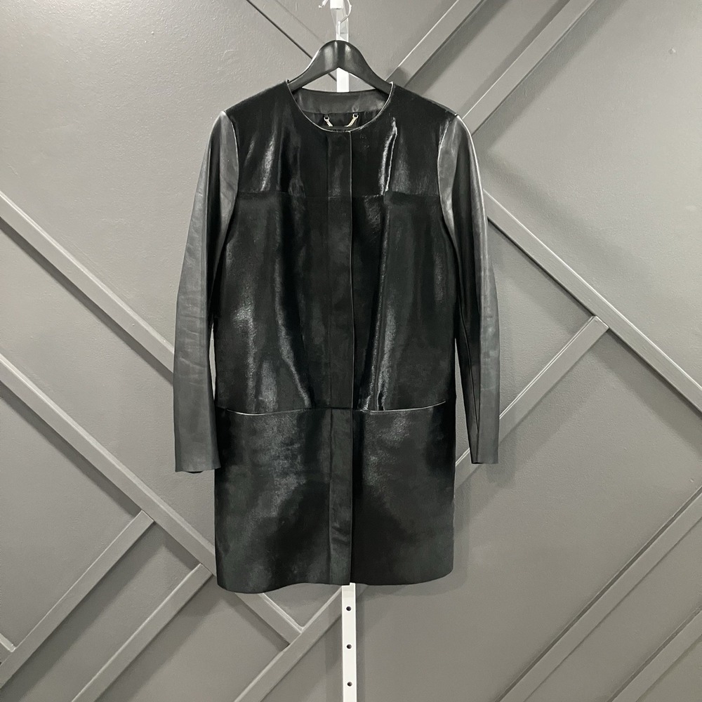 Hugo Boss Soukyara Real Fur Trim Coat Womens US 6 Black Long Leather Jacket